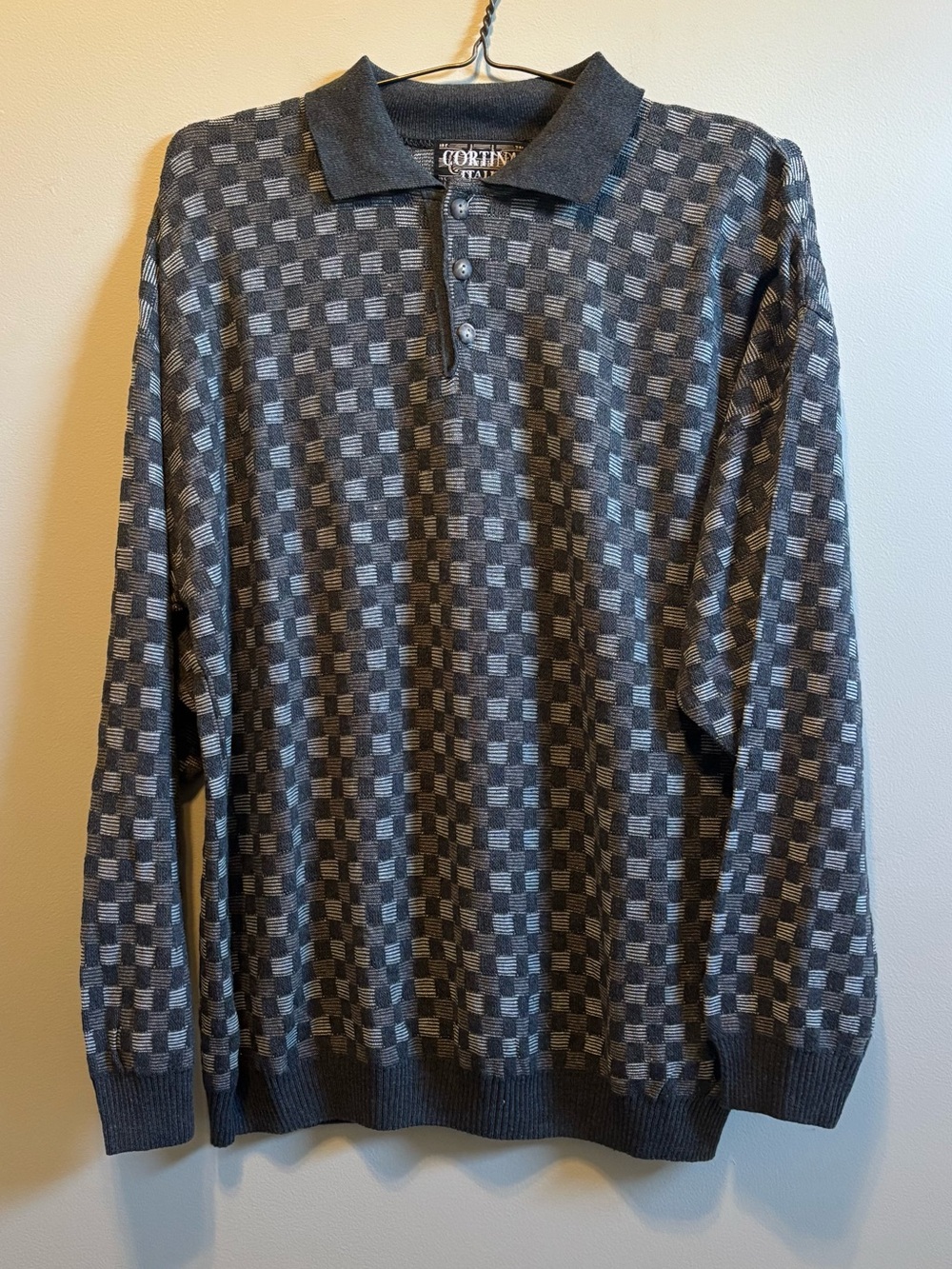 Vintage 90s Men's Gray Checkered Polo Sweater